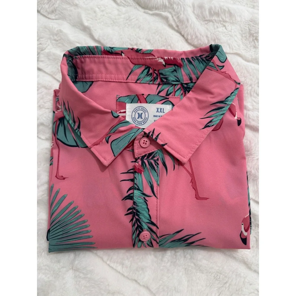 Hurley‎ Flamingo Tropical Button Up Shirt Men's XXL Pink Hawaiian Collar Beach